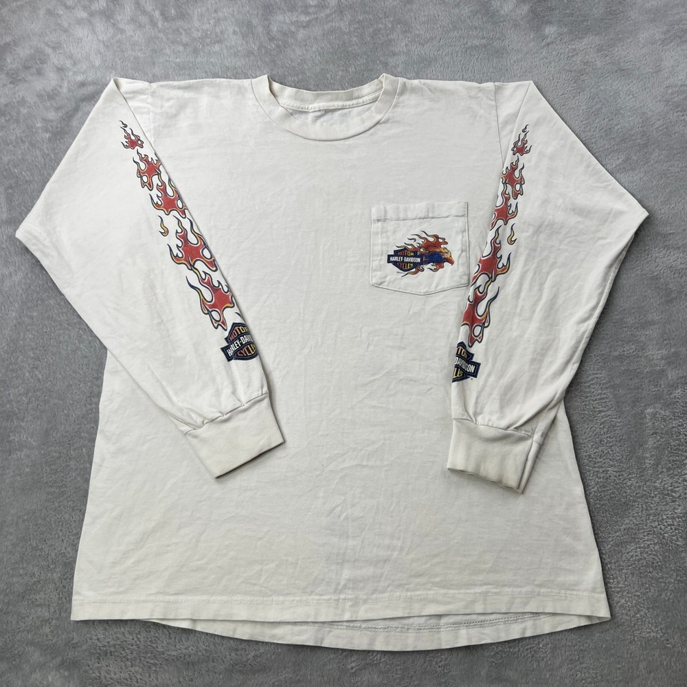 Harley-Davidson 2002 Eagle Flame Long Sleeve Pocket Tee L White Dealer Biker Y2K